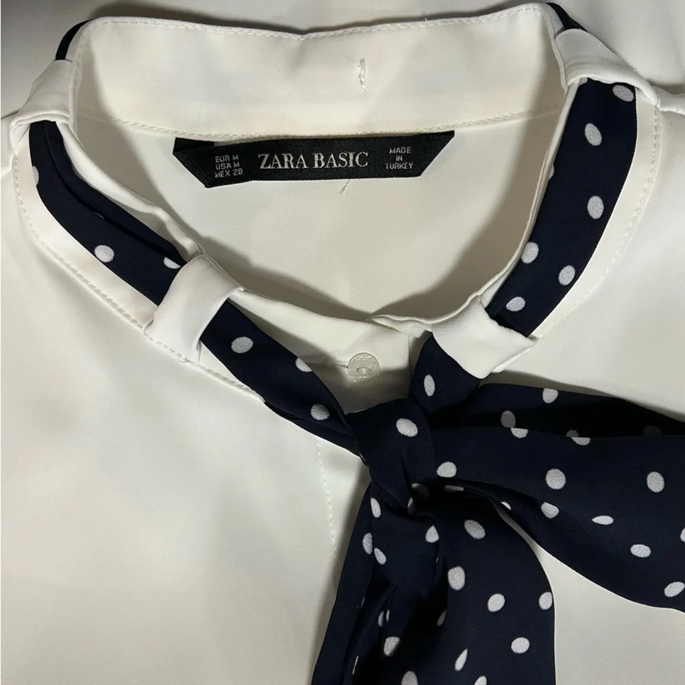 Zara Basic Button Up Blouse with Polka Dot Ties and 3/4 Sleeves/Medium - Picture 6 of 8